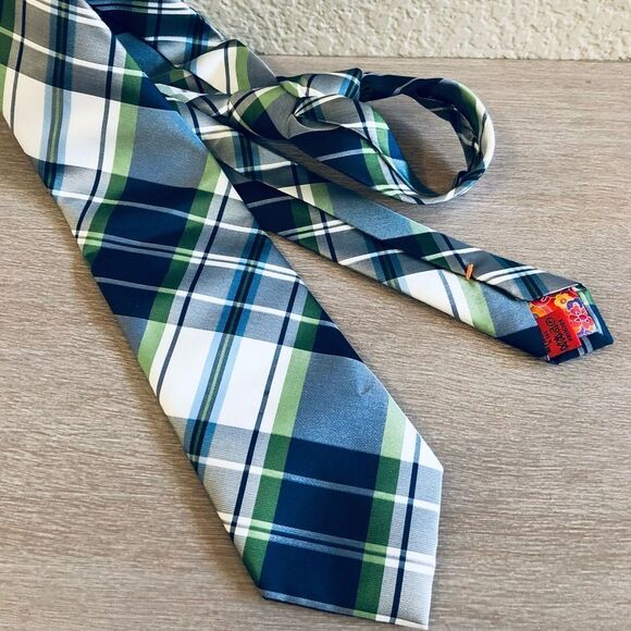 John Sparks Navy Blue Green Plaid Men’s Neck Tie - Picture 1 of 2